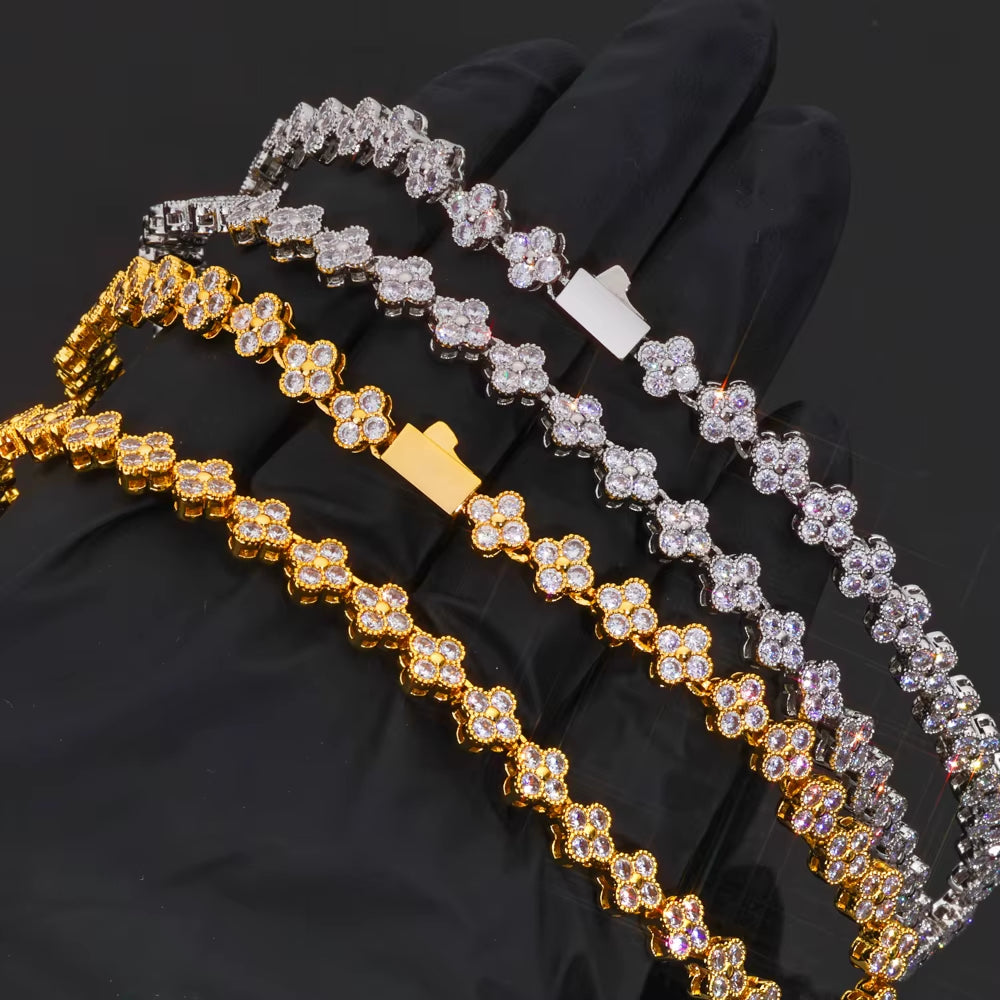NUOYA Women'S Gold Plated Diamond Chain Necklace Four Leaf Clover Plum Blossom Shiny Zircon Hip Hop Jewelry