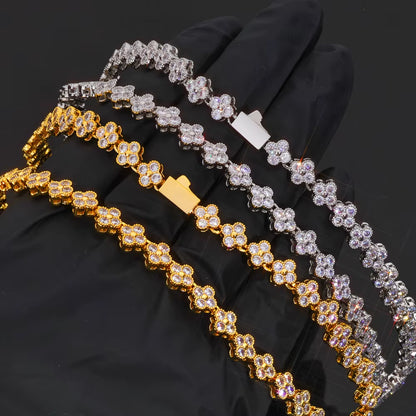 NUOYA Women'S Gold Plated Diamond Chain Necklace Four Leaf Clover Plum Blossom Shiny Zircon Hip Hop Jewelry