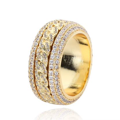 NUOYA Iced Out Bling VVS Moissanite Spinner Cuban Ring 925 Silver Hip Hop Gold Plated Ring Unisex Women Men