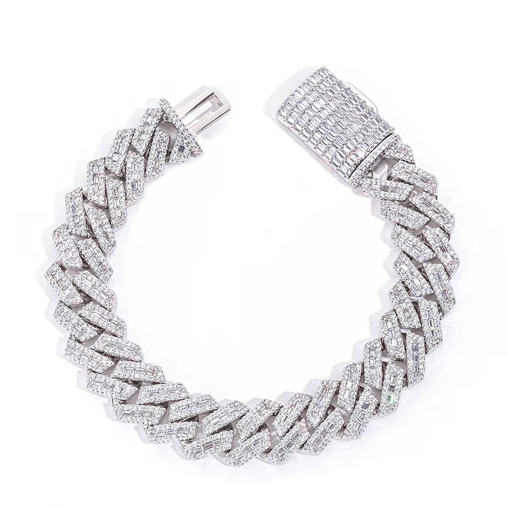 NUOYA 18Mm Heavy Duty Cuban Chain 925 Silver Bracelet Flip Buckle Iced VVS Moissanite Baguette Inlay Hip Hop Jewelry