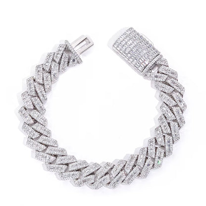 NUOYA 18Mm Heavy Duty Cuban Chain 925 Silver Bracelet Flip Buckle Iced VVS Moissanite Baguette Inlay Hip Hop Jewelry