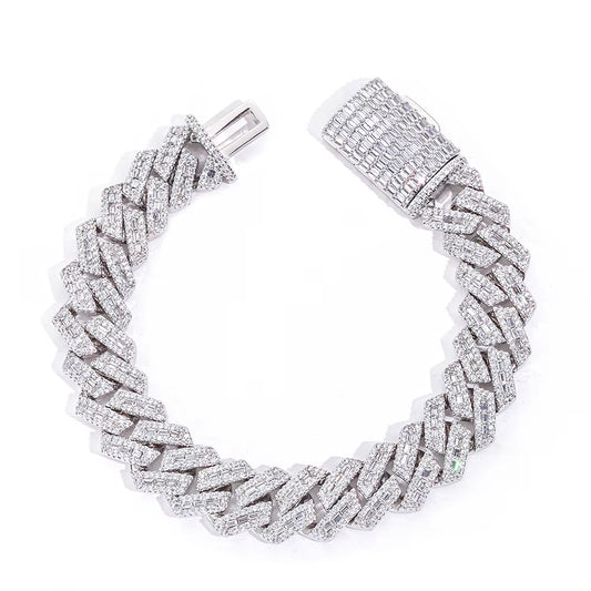 NUOYA 18Mm Heavy Duty Cuban Chain 925 Silver Bracelet Flip Buckle Iced VVS Moissanite Baguette Inlay Hip Hop Jewelry