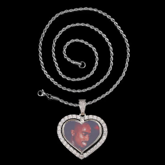 NUOYA Custom Rotating Heart Photo Pendant Iced Out Diamond Memory Picture Pendant Hip Hop Jewelry for Gifts