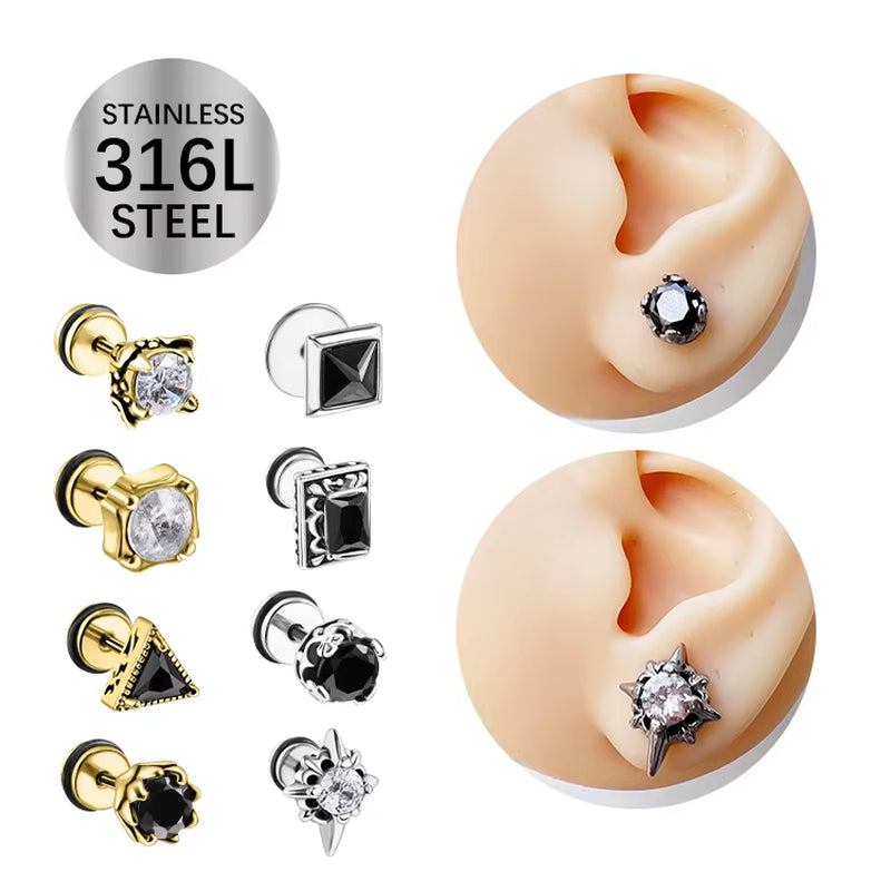 Wholesale Punk Style Single Zircon Prong Earrings Stainless Steel Vintage Obsidian Men Earrings