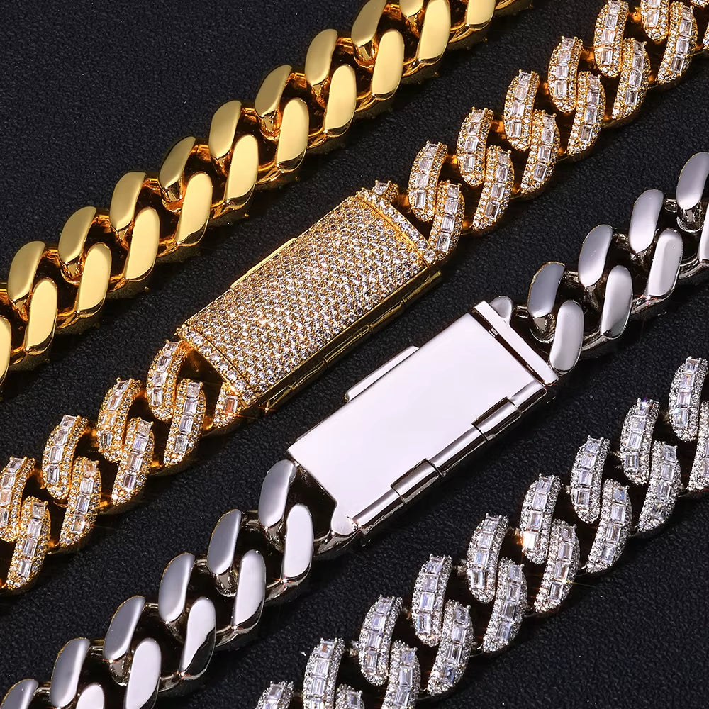 NUOYA 18Mm 925 Silver Cuban Chain Iced Out Flip Buckle VVS Moissanite Baguette Mixed Inlay Cuban Necklace Hip Hop Jewelry