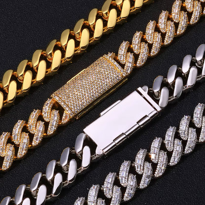NUOYA 18Mm 925 Silver Cuban Chain Iced Out Flip Buckle VVS Moissanite Baguette Mixed Inlay Cuban Necklace Hip Hop Jewelry