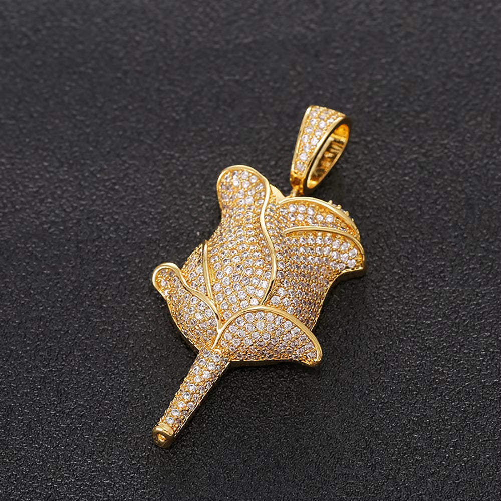 New Hip Hop Style 18K Gold Rose Flower Pendant Necklace Full Pave Zircon Charms for Women Fine Diamond Rose Flower Pendant