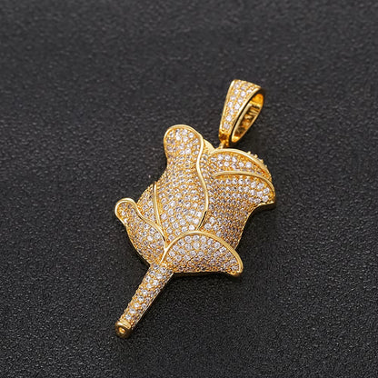 New Hip Hop Style 18K Gold Rose Flower Pendant Necklace Full Pave Zircon Charms for Women Fine Diamond Rose Flower Pendant