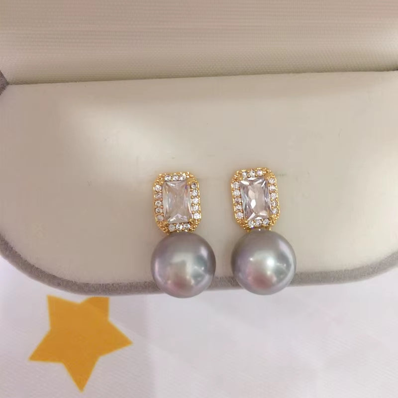 2024 Wholesale Women'S Natural Pearl Stud Earrings 18K Gold Plated Square Zircon S925 Silver Needle Jewelry