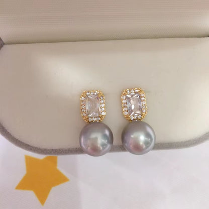 2024 Wholesale Women'S Natural Pearl Stud Earrings 18K Gold Plated Square Zircon S925 Silver Needle Jewelry