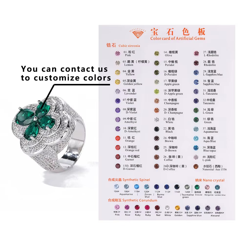 NUOAY Shiny Blue Gemstone Flower Shape Rings White Gold Plated Hip Hop Jewelry Iced Out Four Leaf Diamond Ring for Women
