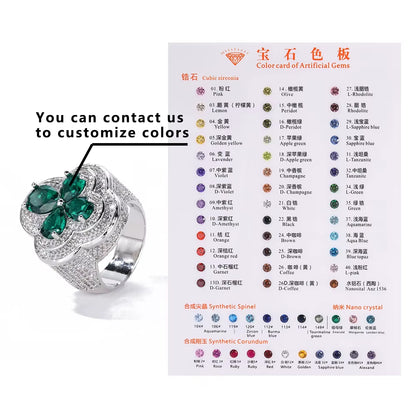 NUOAY Shiny Blue Gemstone Flower Shape Rings White Gold Plated Hip Hop Jewelry Iced Out Four Leaf Diamond Ring for Women