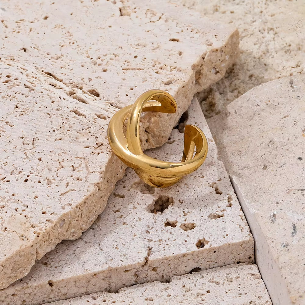 18K PVD Gold Plated Waterproof Tarnish Free Statement Unisex Chunky Cross Stainless Steel Couple Open Rings Jewelry Women
