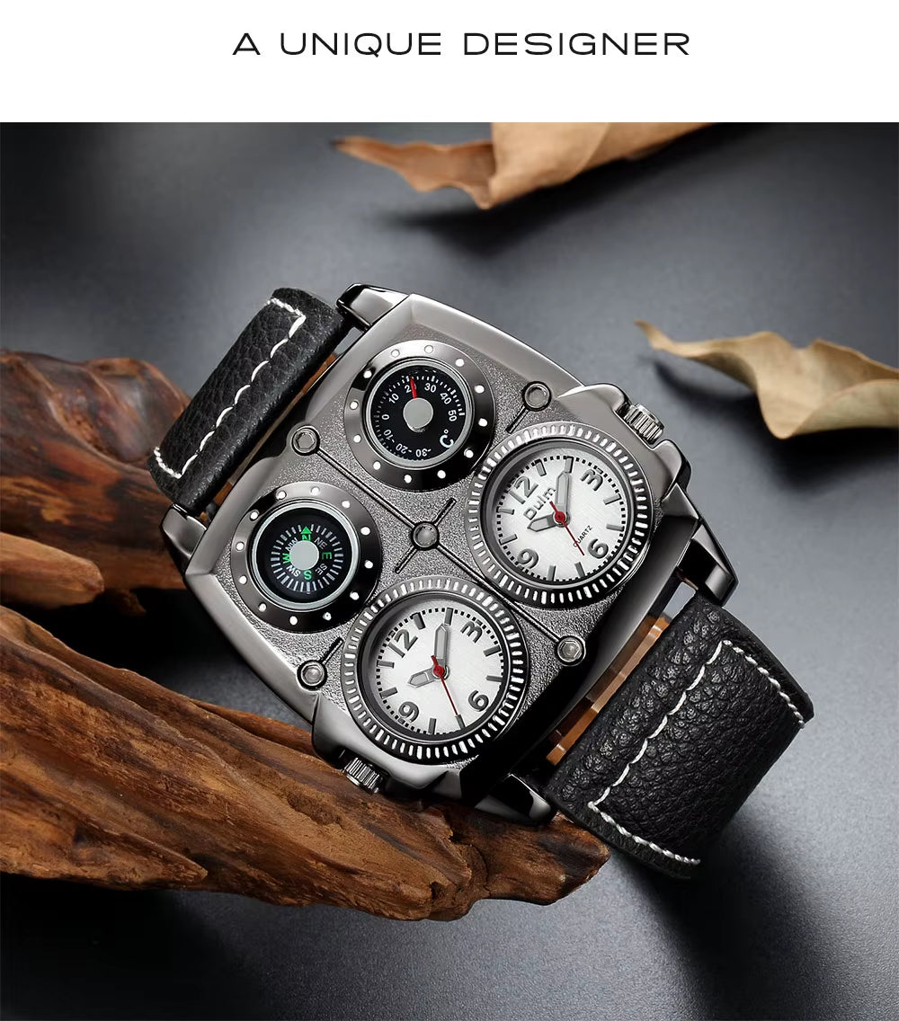 Oulm Men'S Watches Two Time Zone Pilot Style Watch Big Size Quartz Clock Male Leather Strap Wristwatch