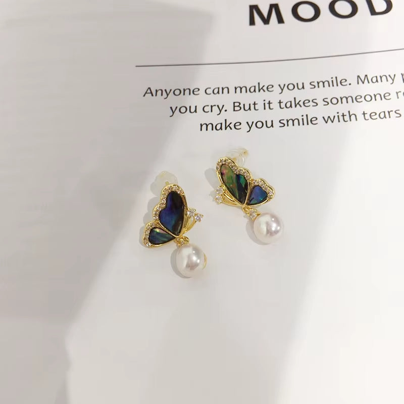Wholesale Abalone Shell Butterfly 5A Grade Natural Freshwater Pearl Stud Earrings for Women High Quality Jewelry