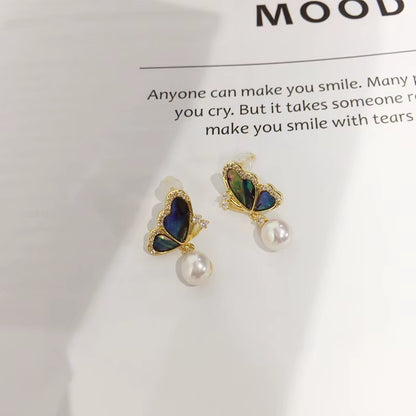 Wholesale Abalone Shell Butterfly 5A Grade Natural Freshwater Pearl Stud Earrings for Women High Quality Jewelry