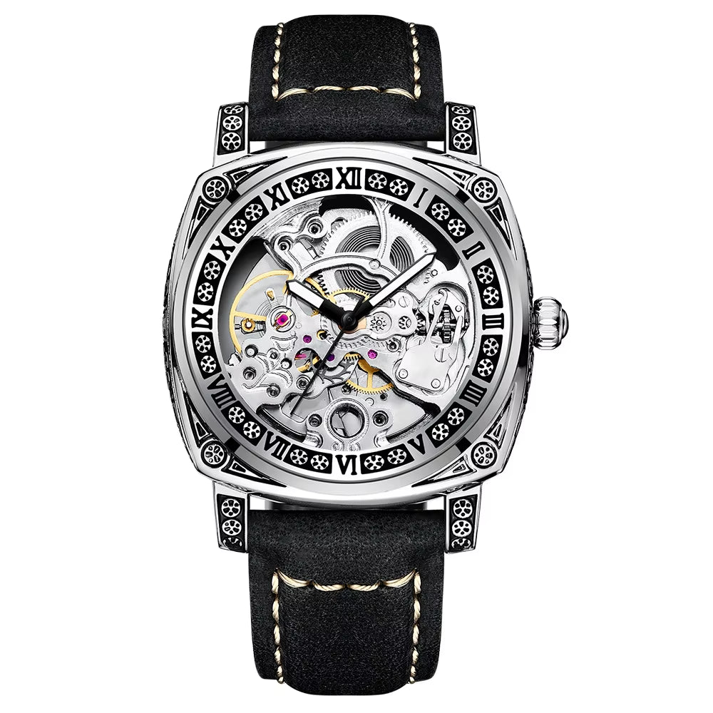 2025 OEM ODM Luxury Top Quality Automatic Mechanical Watch Hollow Out Dial Leather Band Men'S Business Watches