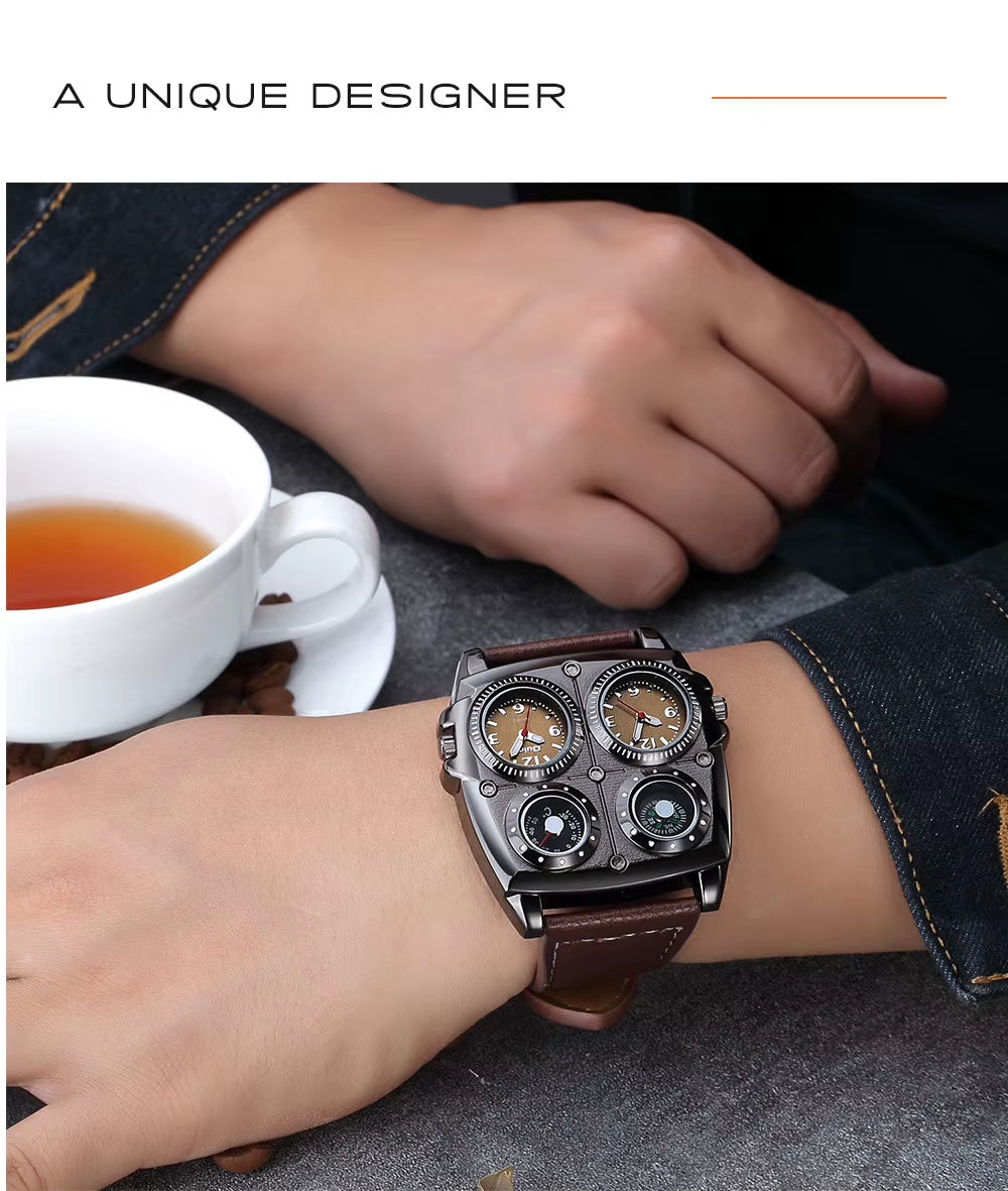Oulm Men'S Watches Two Time Zone Pilot Style Watch Big Size Quartz Clock Male Leather Strap Wristwatch