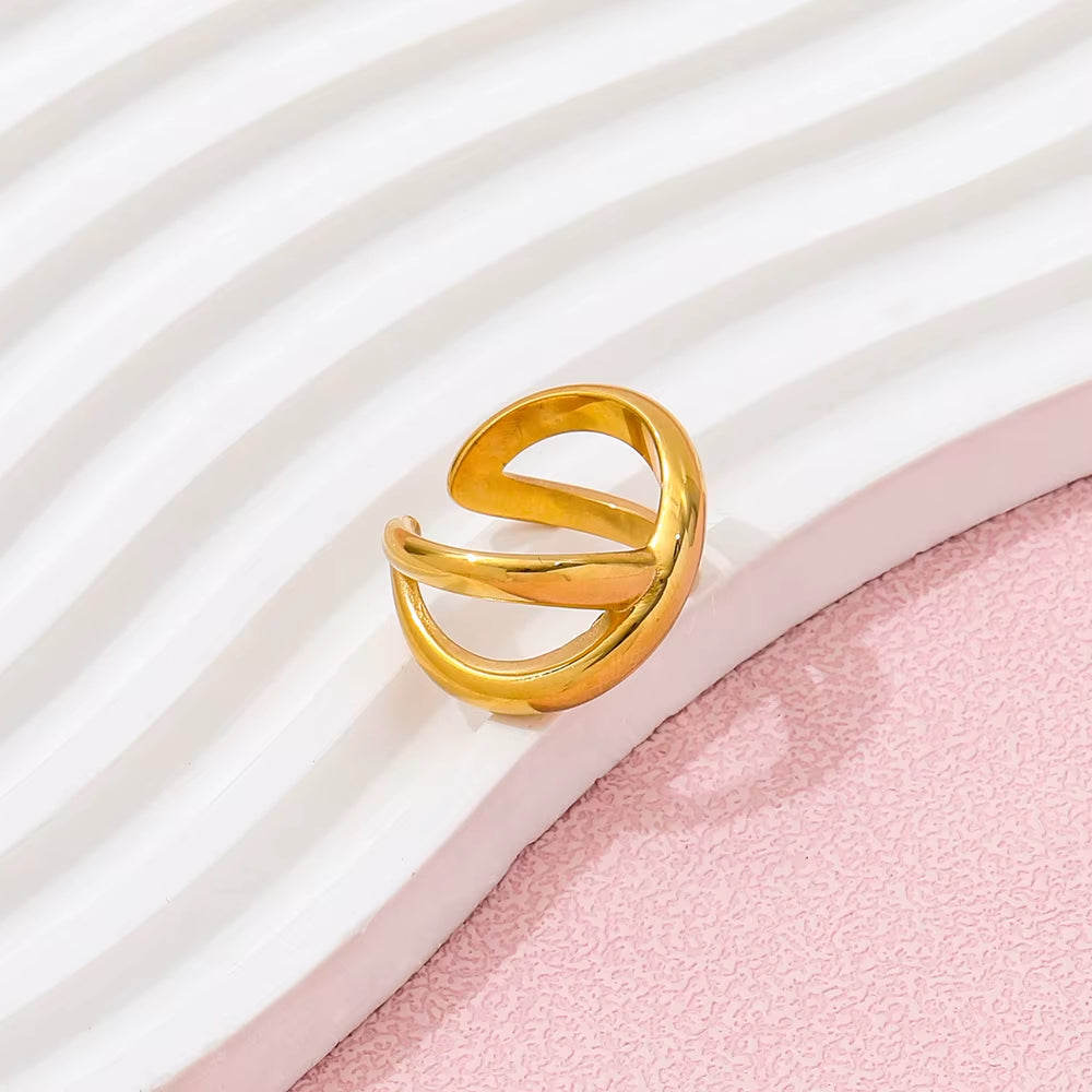 18K PVD Gold Plated Waterproof Tarnish Free Statement Unisex Chunky Cross Stainless Steel Couple Open Rings Jewelry Women