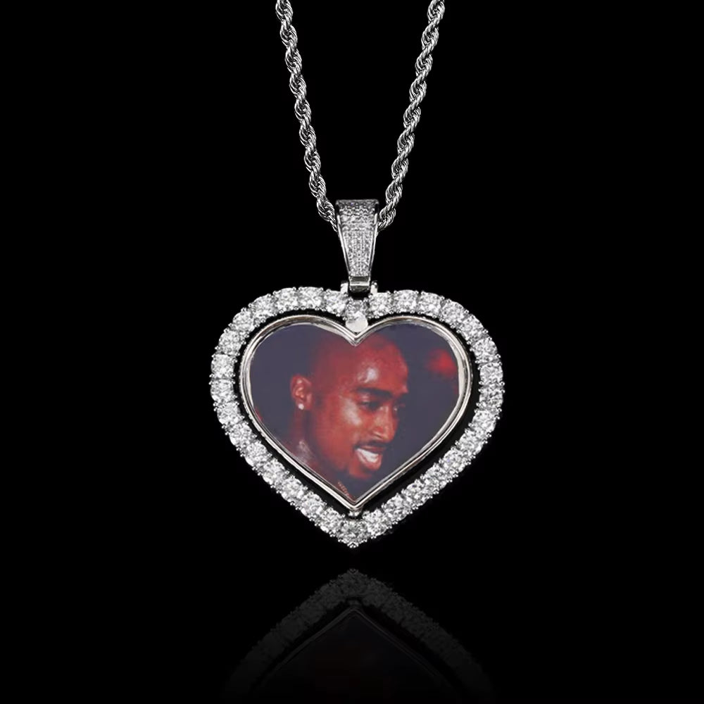 NUOYA Custom Rotating Heart Photo Pendant Iced Out Diamond Memory Picture Pendant Hip Hop Jewelry for Gifts