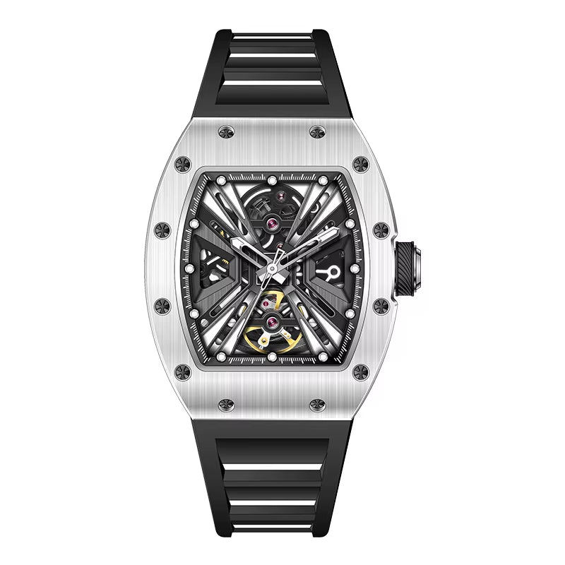 Men'S Trendy Luxury Skeleton Mechanical Watch Luminous Carbon Fiber Barrel-Type with Silicone Band Summer Type