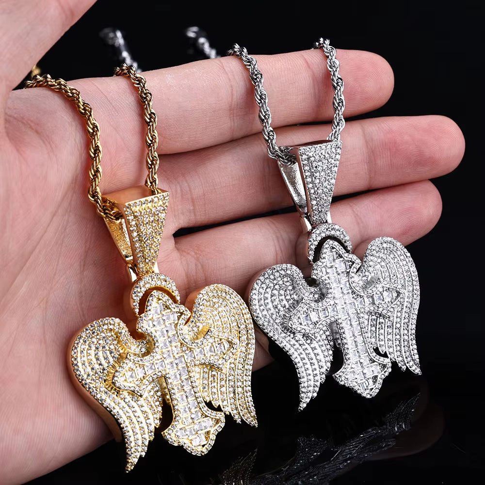 NUOYA Hip Hop Jewelyr Iced Out Diamond Cross Pendant White Gold Full Pave Shiny Zircon Angel Wings Cross Pendant for Gift