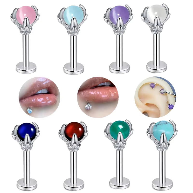 Elegant Dragon Claw Labret Lip Ring with Opalite Center Surgical Steel Fits Cartilage & Helix Earrings Perfect for Casual Attire