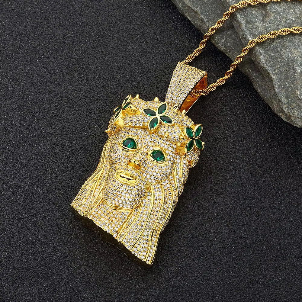 NUOYA Large Heavy Jesus Pendant Necklace Hip Hop Style Bling Green Zircon Four Leaf Clover Jesus Pendant Jewelry