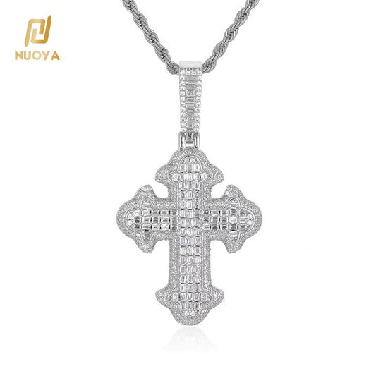 NUOYA New Style Hip Hop Baguette Square Iced Out Zircon White Gold Plated Cross Pendant for Men and Women Gift Fashion Jewelry