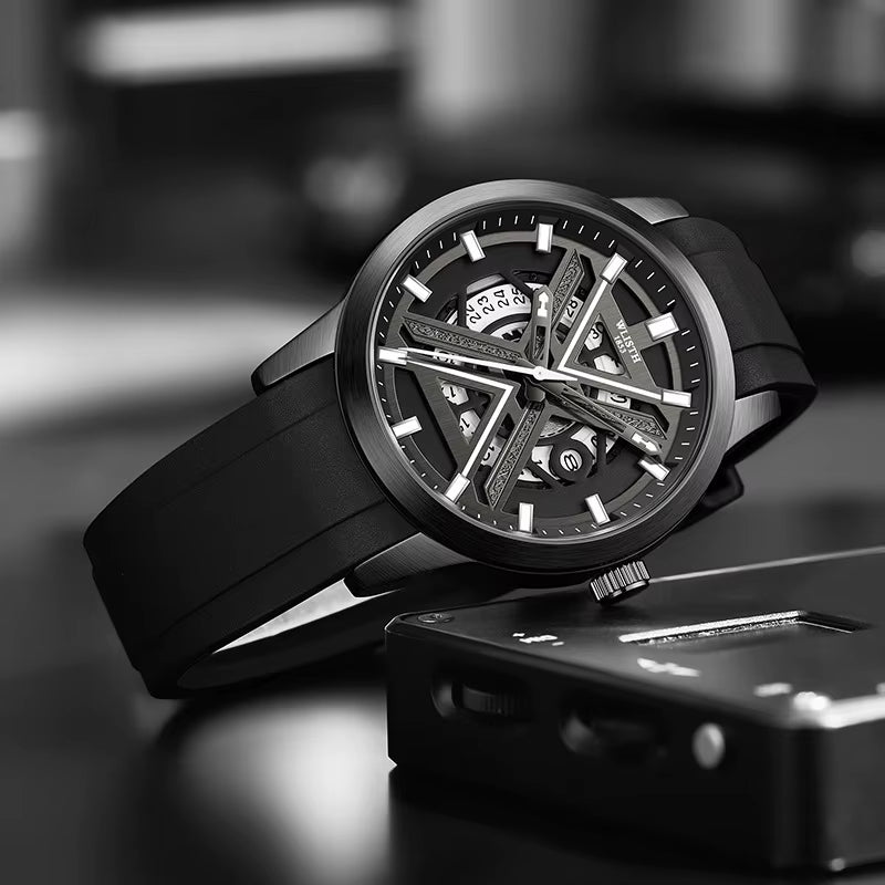 Men'S Luxury Black Wrist Watch with High Quality Silicone Strap Waterproof Luminous Quartz Watch for Men