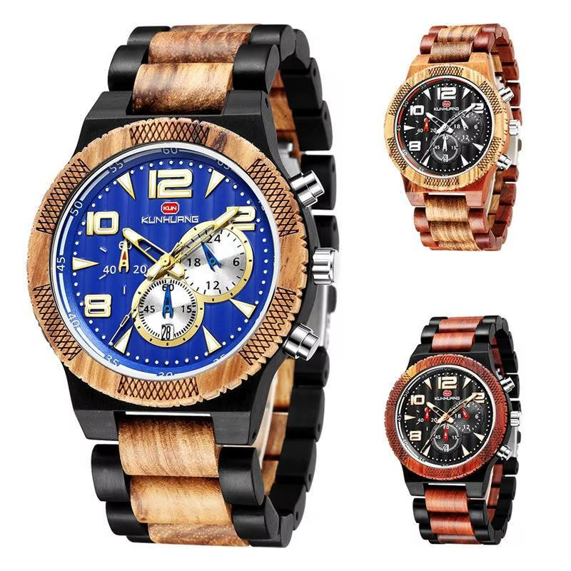 KH1016 Blue Multi Functional 44MM Three Eyes Six Needle Wooden Versatile Men Quartz Sports Watch Exquisite Texture