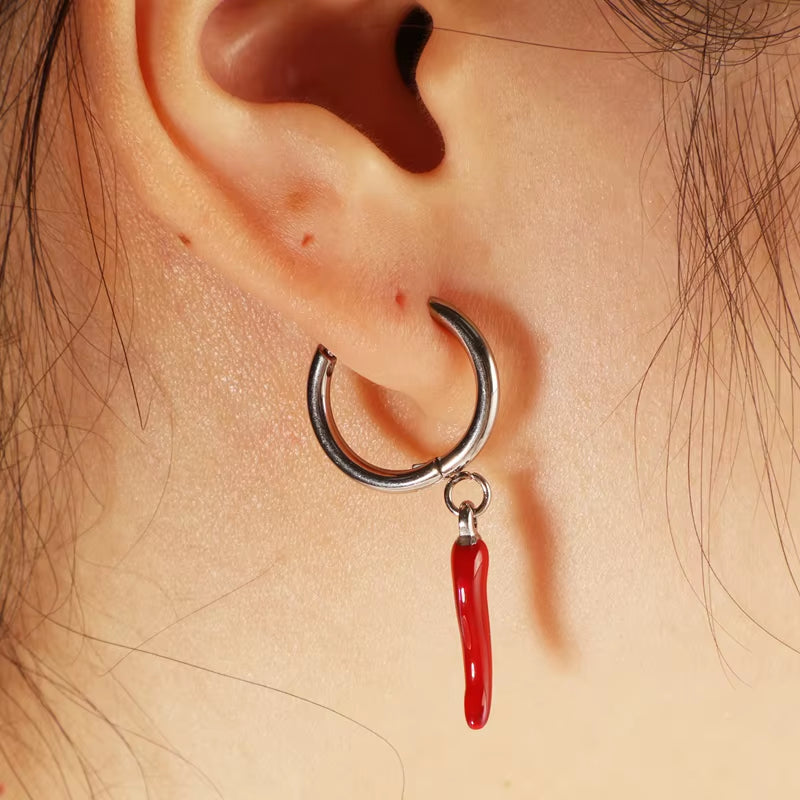 Elegant Waterproof Fashion Jewelry Pvd 18K Gold Stainless Steel Vintage Red Pepper Earring Hoop Stud Huggie for Men Women