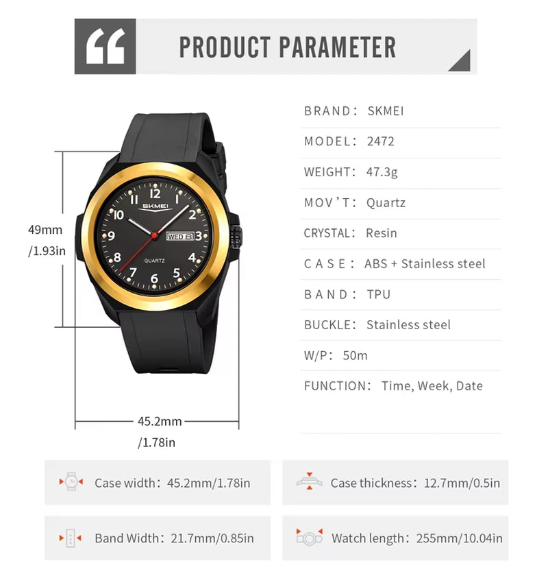 SKMEI 2472 Stainless Steel Circle Plastic Strap Men Large Case Wholesale Factory Customize Your Logo Analog Watch for Men