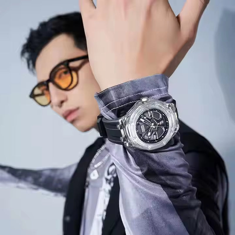 Mark Fairwhale 5920 Men Quartz Watches with Octagonal and Clear Case Silicone Strap Waterproof Sporty Stylish Man Wristwatches