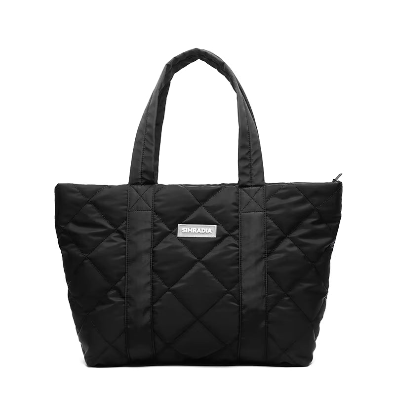 Quilted Women Cotton Padded Puffer Bag Tote Bag with Zipper Shoulder Bag Oxford Casual Large Purse or Women Handbag for Work