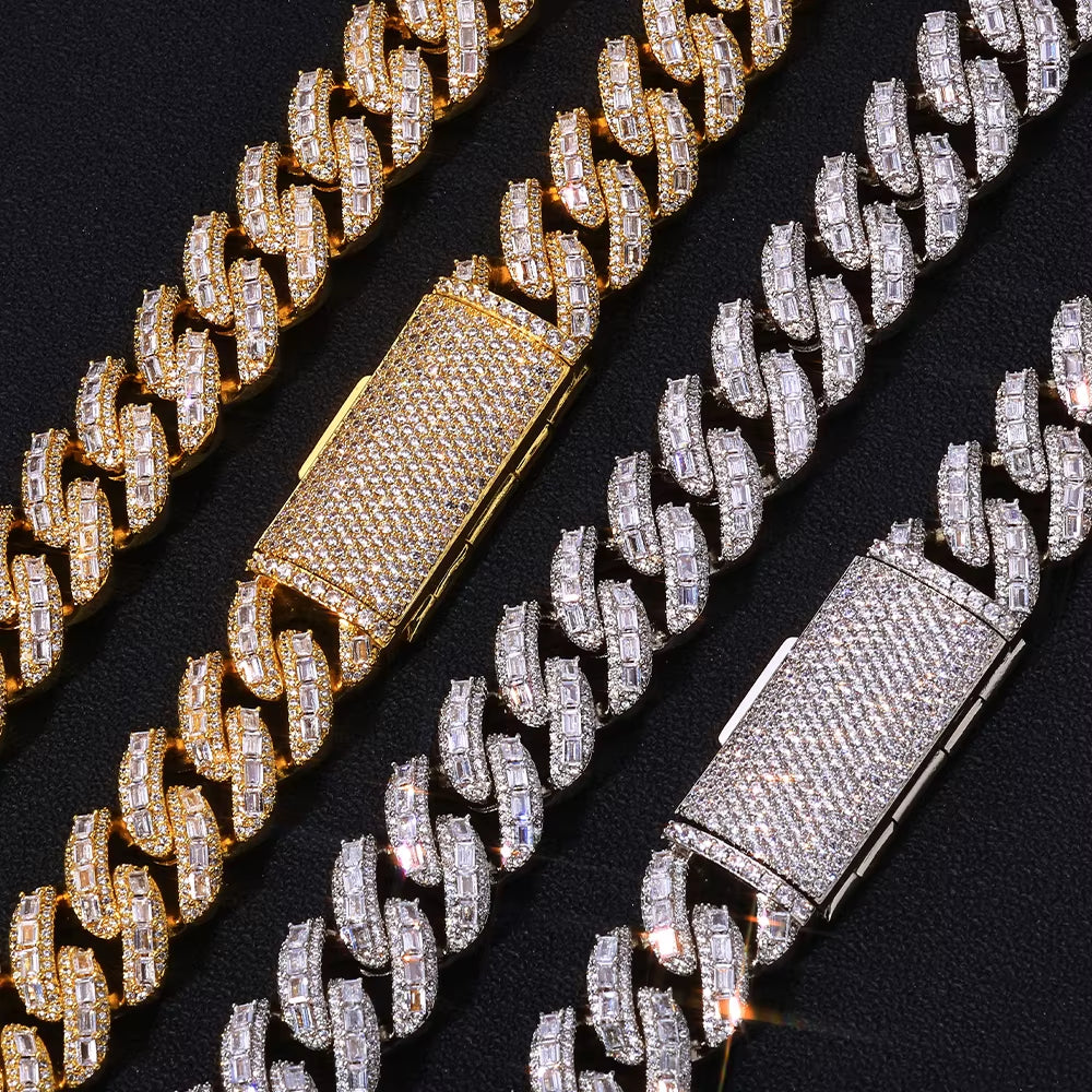 NUOYA 18Mm 925 Silver Cuban Chain Iced Out Flip Buckle VVS Moissanite Baguette Mixed Inlay Cuban Necklace Hip Hop Jewelry