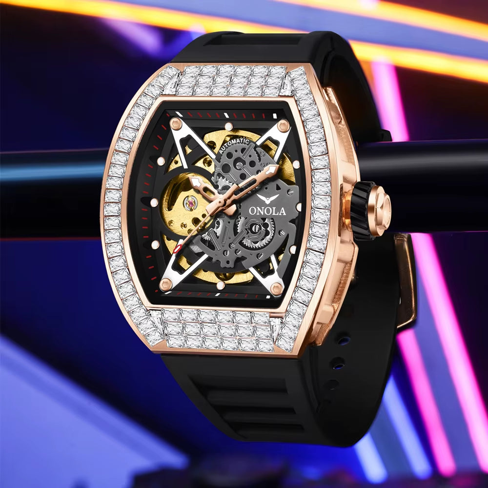 ONOLA 3838F Automatic Mechanical Wristwatch Skeleton Waterproof Watches Fashion Casual Sport Luminous Watch Men