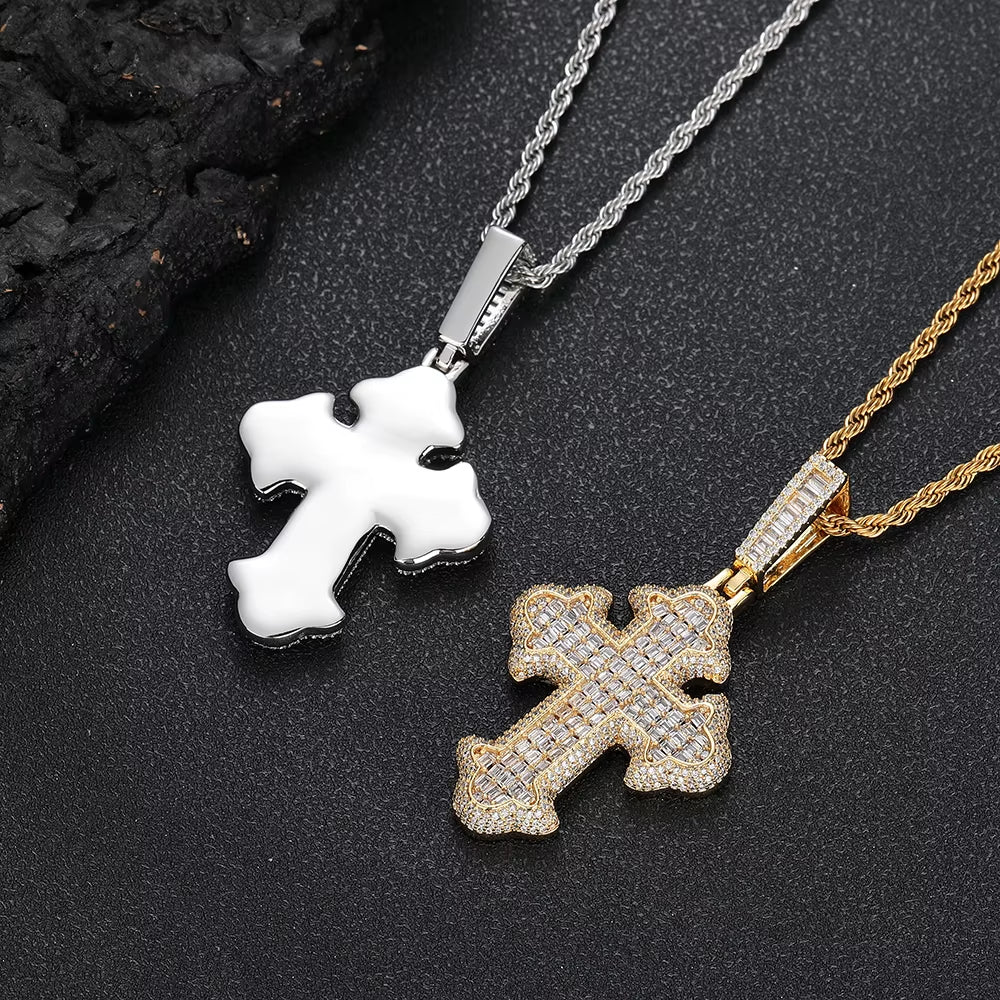 NUOYA New Style Hip Hop Baguette Square Iced Out Zircon White Gold Plated Cross Pendant for Men and Women Gift Fashion Jewelry
