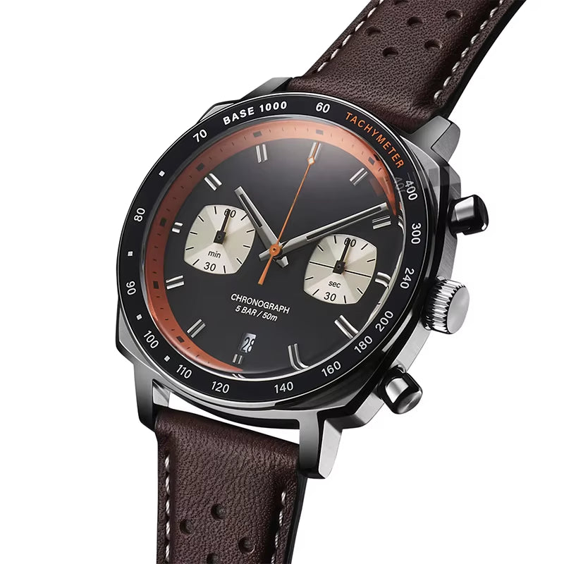 New Stylish OEM ODM Chronograph Watch Cushion Case 316L SS with Genuine Leather Strap U3068