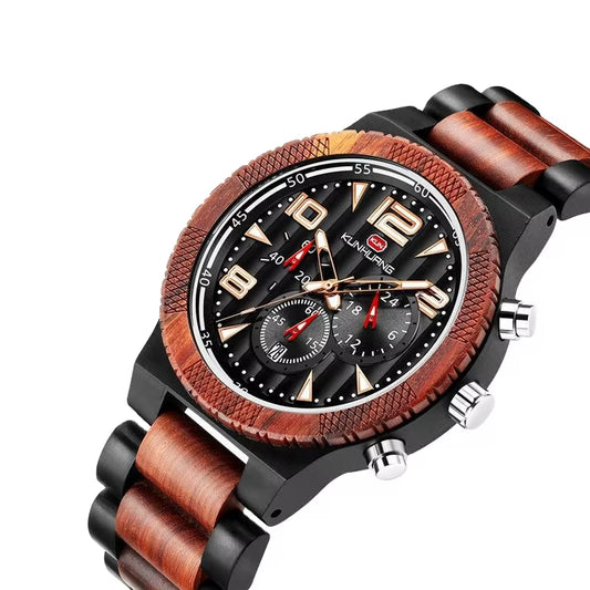 KH1016 Blue Multi Functional 44MM Three Eyes Six Needle Wooden Versatile Men Quartz Sports Watch Exquisite Texture