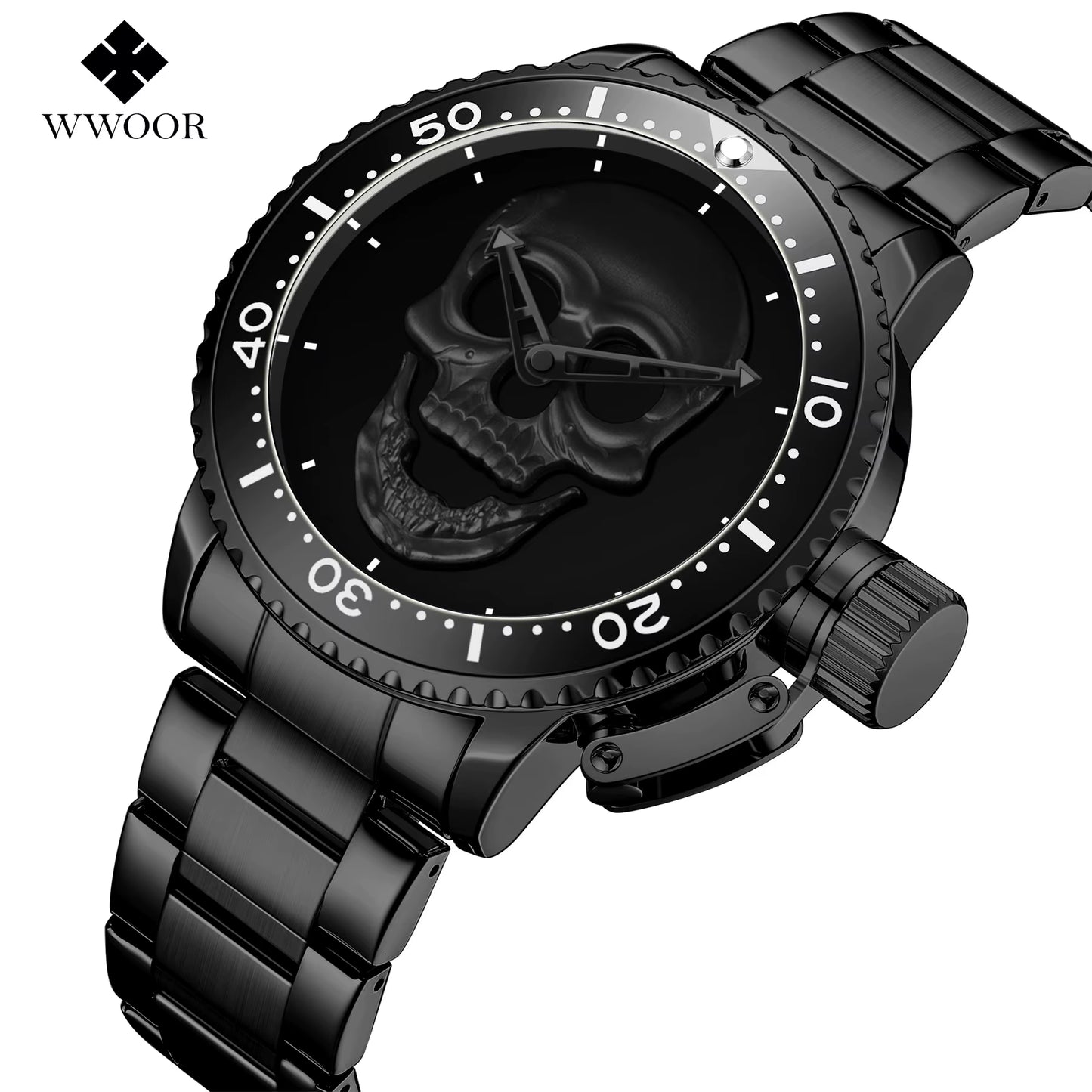 Luxury Watch WWOOR Men'S Waterproof Quartz Wrist Watch Fashion Luminous Skull Stainless Steel Watch for Men