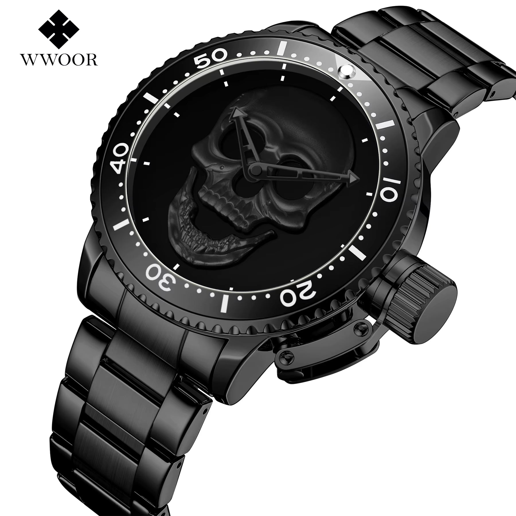 Luxury Watch WWOOR Men'S Waterproof Quartz Wrist Watch Fashion Luminous Skull Stainless Steel Watch for Men