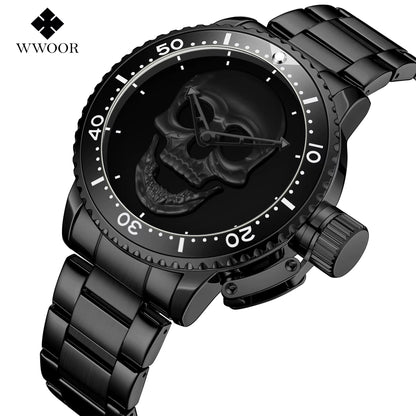 Luxury Watch WWOOR Men'S Waterproof Quartz Wrist Watch Fashion Luminous Skull Stainless Steel Watch for Men