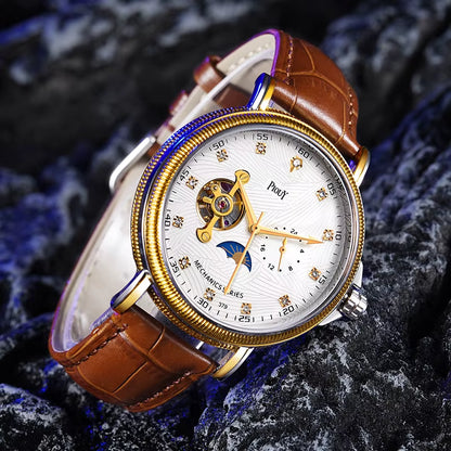 PIOUY D 379 Reloj Fashion Men Watches 2023 Custom Logo Moon Phase Skeleton Mechanical Watches Men Luxury Automatic Watch