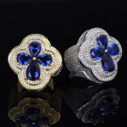 NUOAY Shiny Blue Gemstone Flower Shape Rings White Gold Plated Hip Hop Jewelry Iced Out Four Leaf Diamond Ring for Women