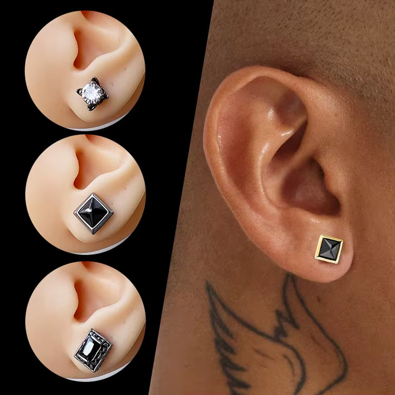 Wholesale Punk Style Single Zircon Prong Earrings Stainless Steel Vintage Obsidian Men Earrings