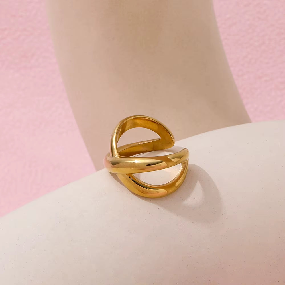 18K PVD Gold Plated Waterproof Tarnish Free Statement Unisex Chunky Cross Stainless Steel Couple Open Rings Jewelry Women