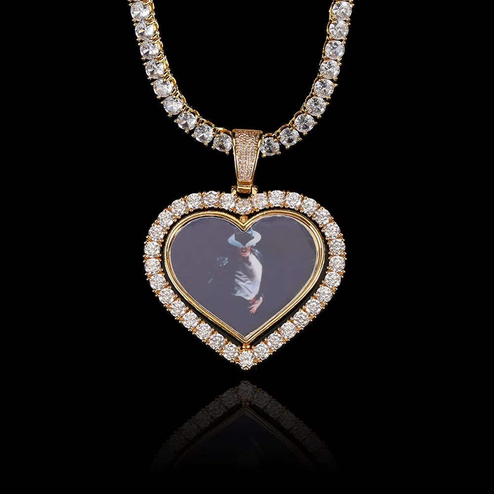 NUOYA Custom Rotating Heart Photo Pendant Iced Out Diamond Memory Picture Pendant Hip Hop Jewelry for Gifts