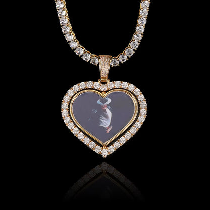 NUOYA Custom Rotating Heart Photo Pendant Iced Out Diamond Memory Picture Pendant Hip Hop Jewelry for Gifts