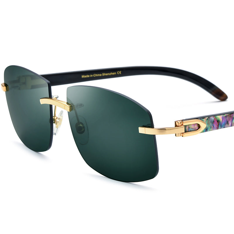 Rimless Square Sunglasses with Horn and Shell Temple - Green - MCROONS